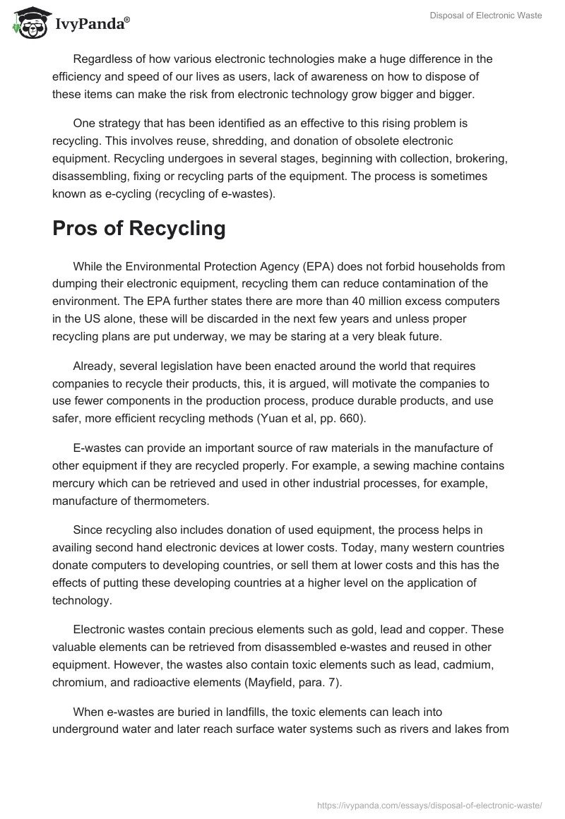 Disposal of electronic Waste 1420 Words Research Paper Example