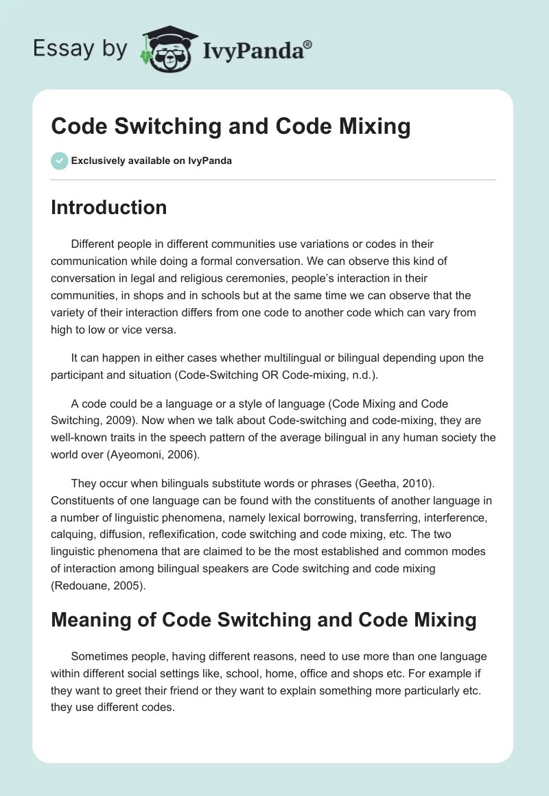 Code Switching and Code Mixing 2396 Words Research Paper Example