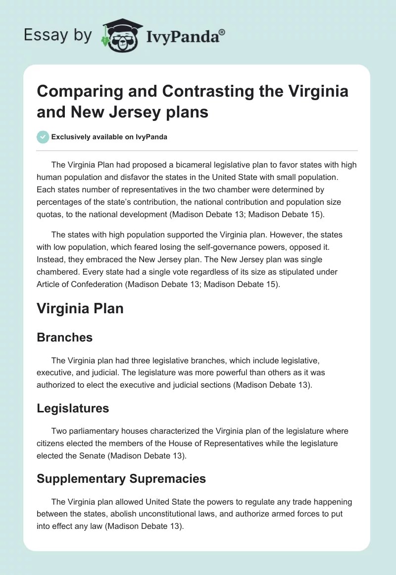 Comparing and Contrasting the Virginia and New Jersey plans 557 Words