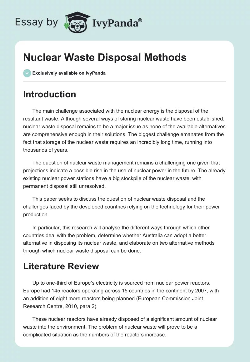Nuclear Waste Disposal Methods 1955 Words Report Example