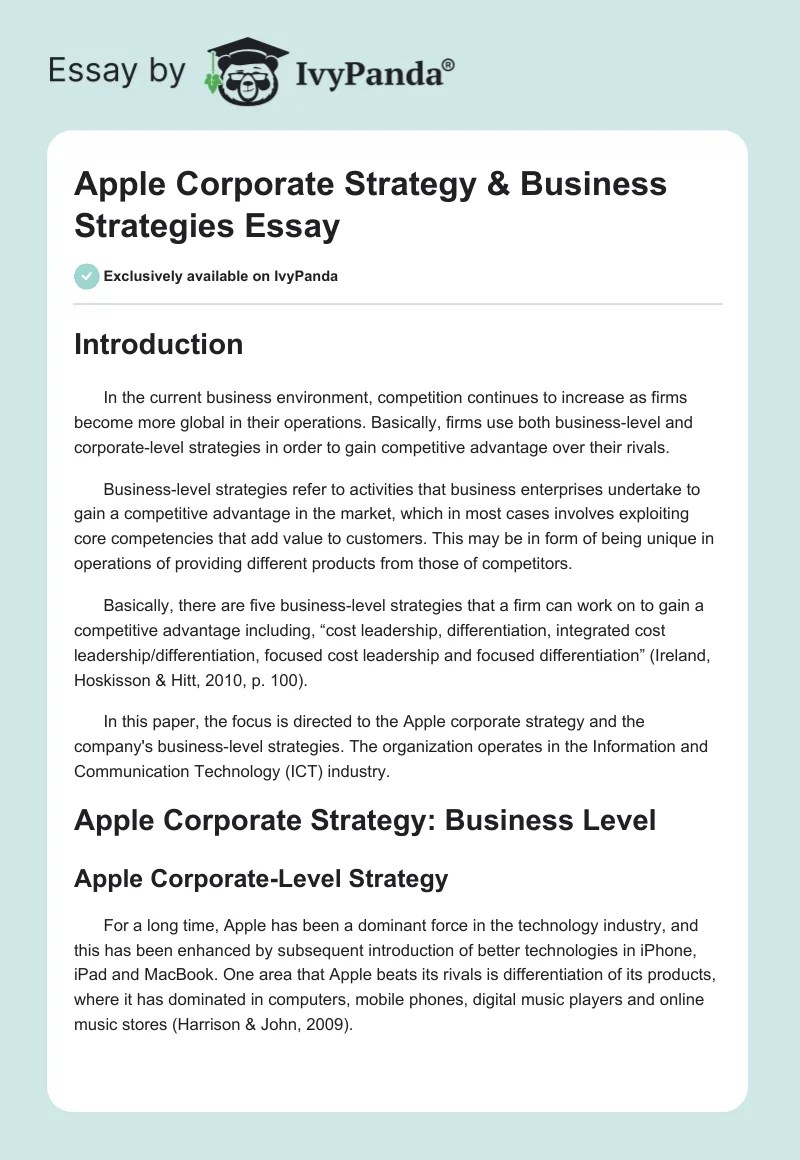 Apple Corporate Strategy & Business Strategies Essay