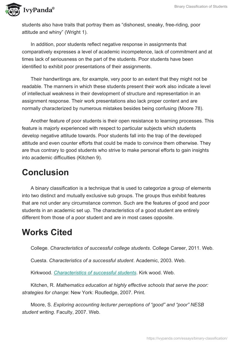 Binary Classification of Students 1386 Words Essay Example