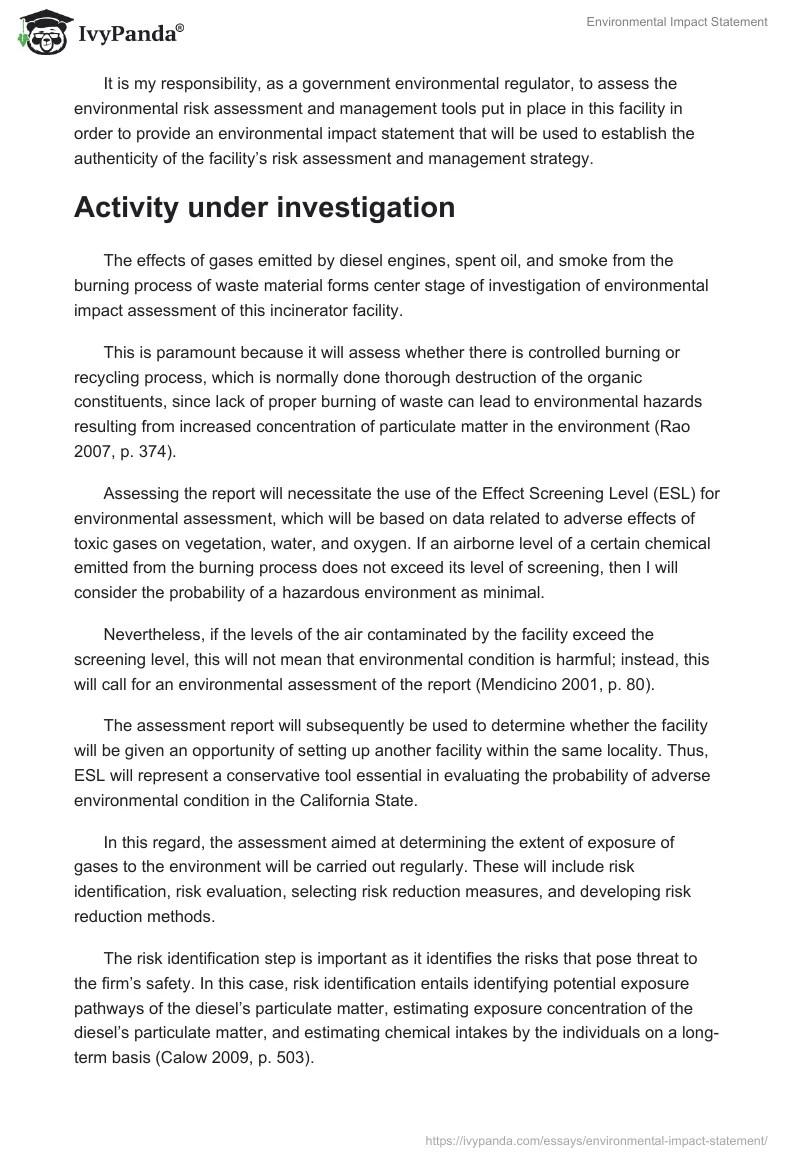 Environmental Impact Statement 3241 Words Report Example