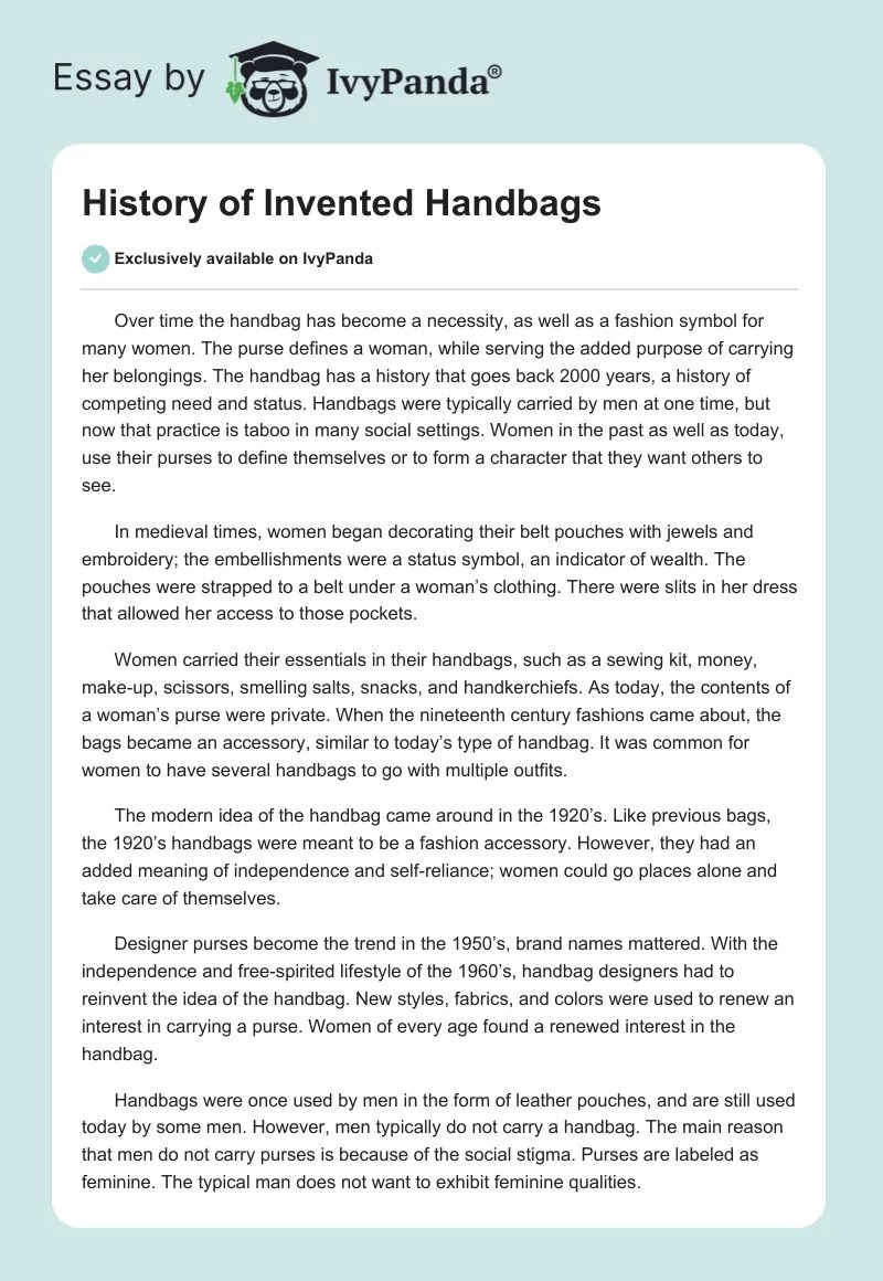 History of Invented Handbags 829 Words Essay Example