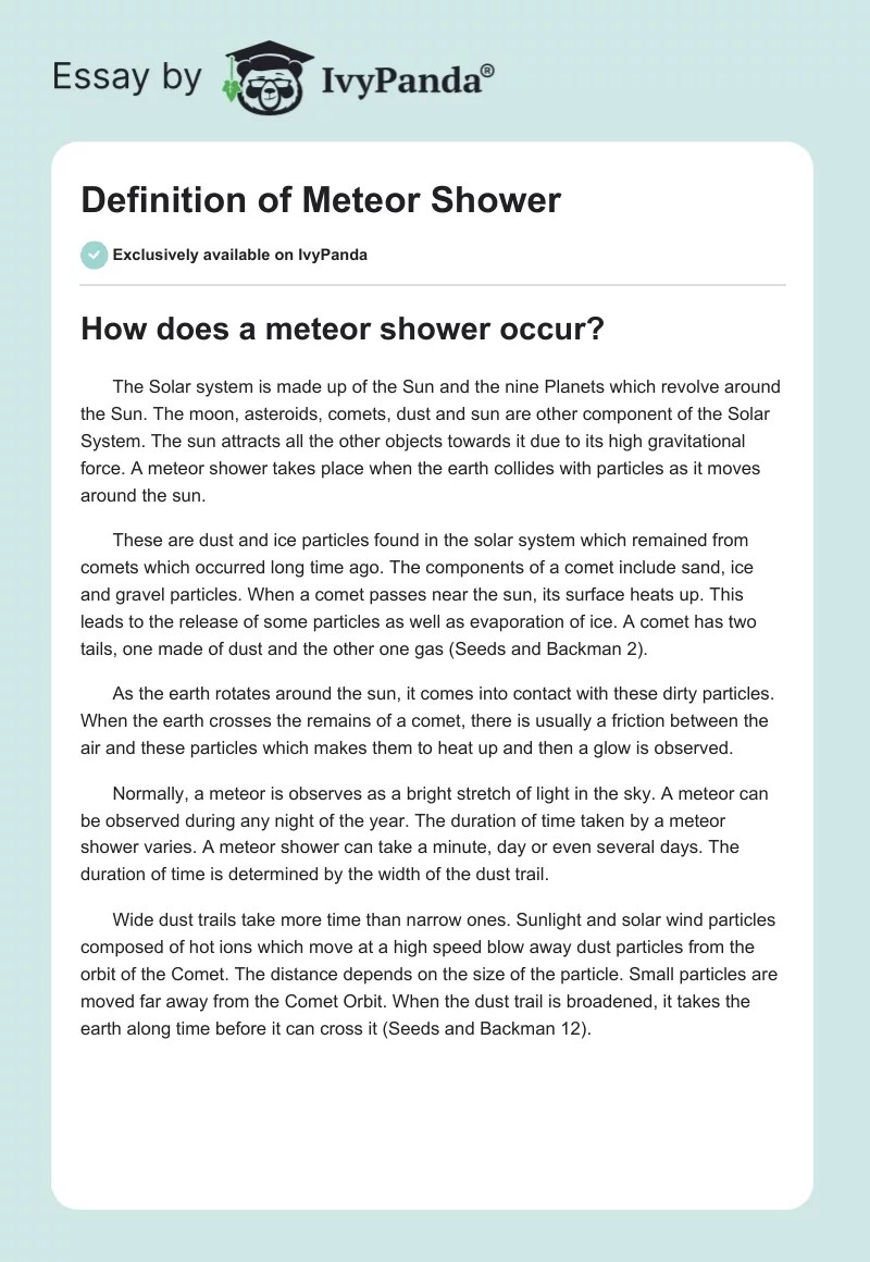 Definition of Meteor Shower 565 Words Essay Example