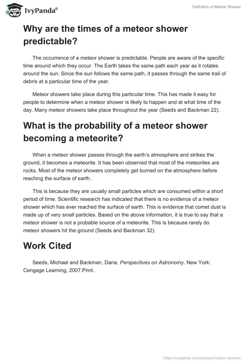 Definition of Meteor Shower 565 Words Essay Example