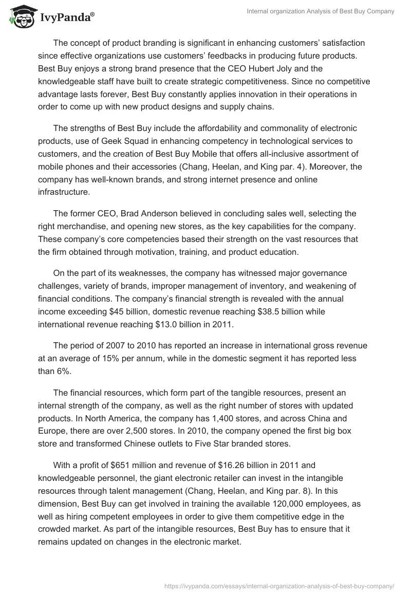 Internal organization Analysis of Best Buy Company 1199 Words