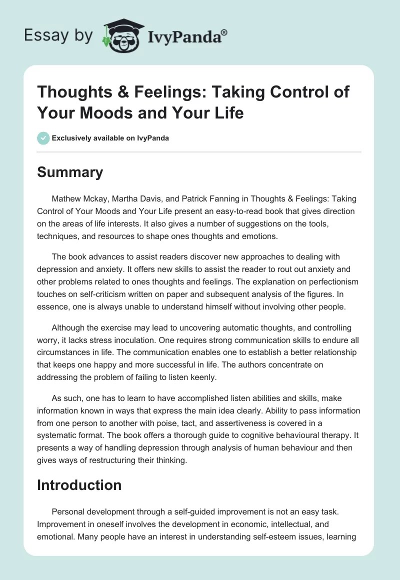 Thoughts & Feelings Taking Control of Your Moods and Your Life 1105