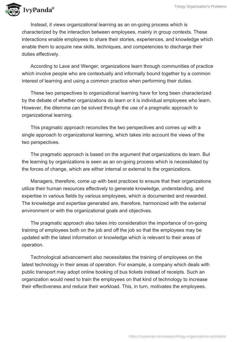 "Trilogy" Organization's Problems 2242 Words Case Study Example