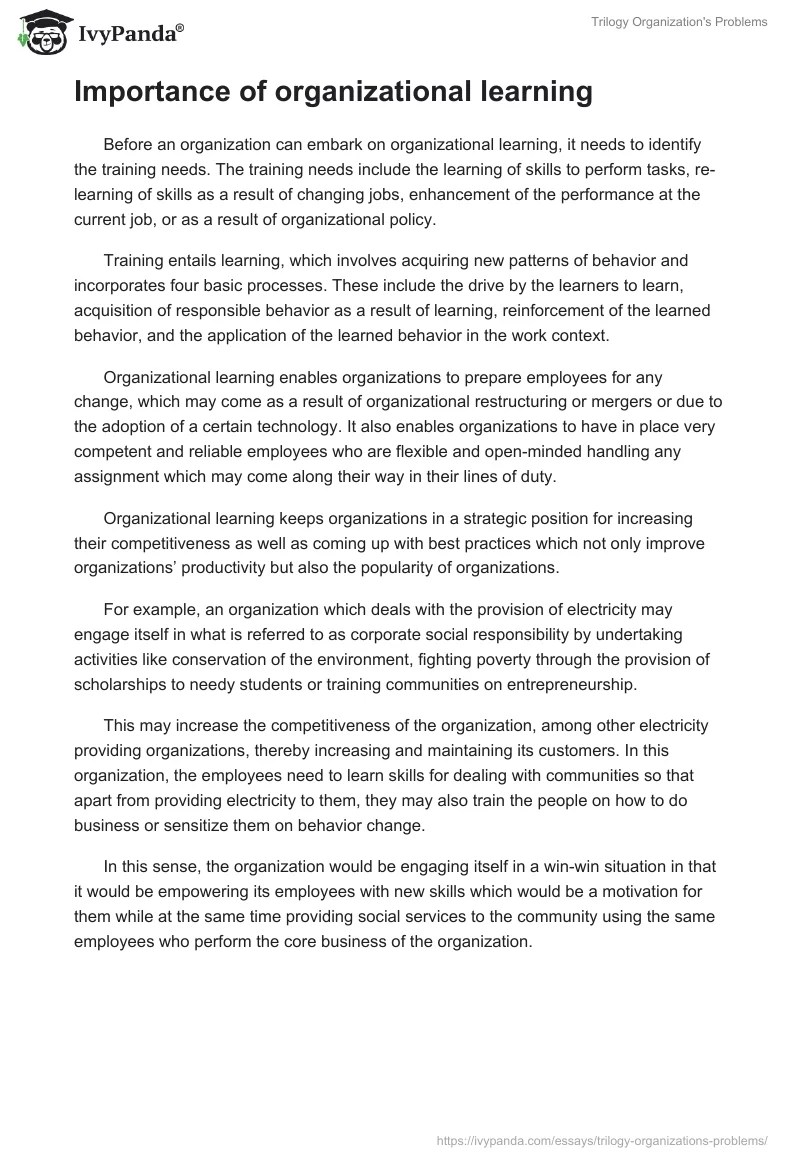 "Trilogy" Organization's Problems 2242 Words Case Study Example