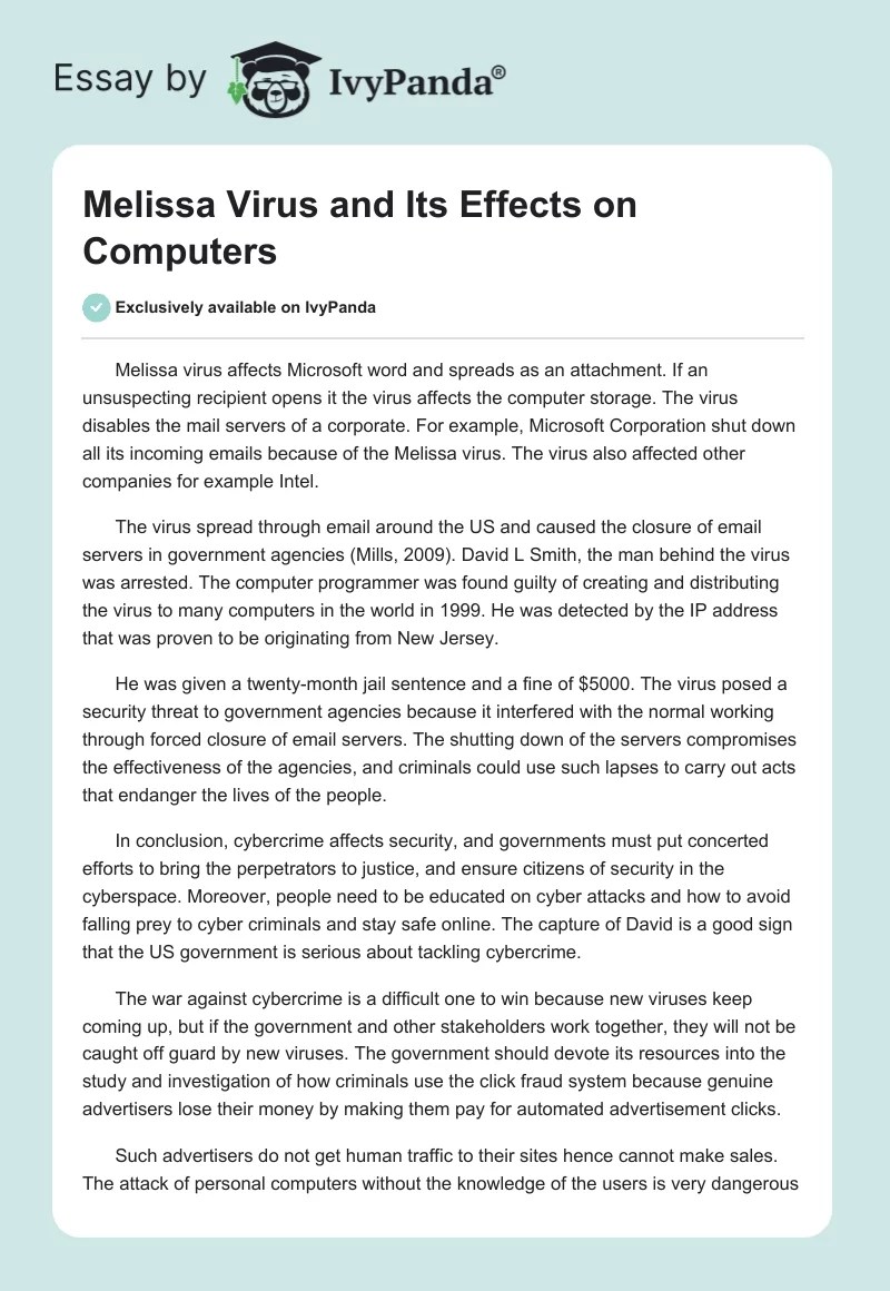 Melissa Virus and Its Effects on Computers 568 Words Report Example