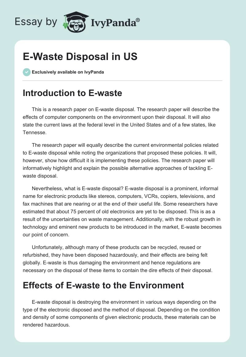 EWaste Disposal in US 1373 Words Research Paper Example