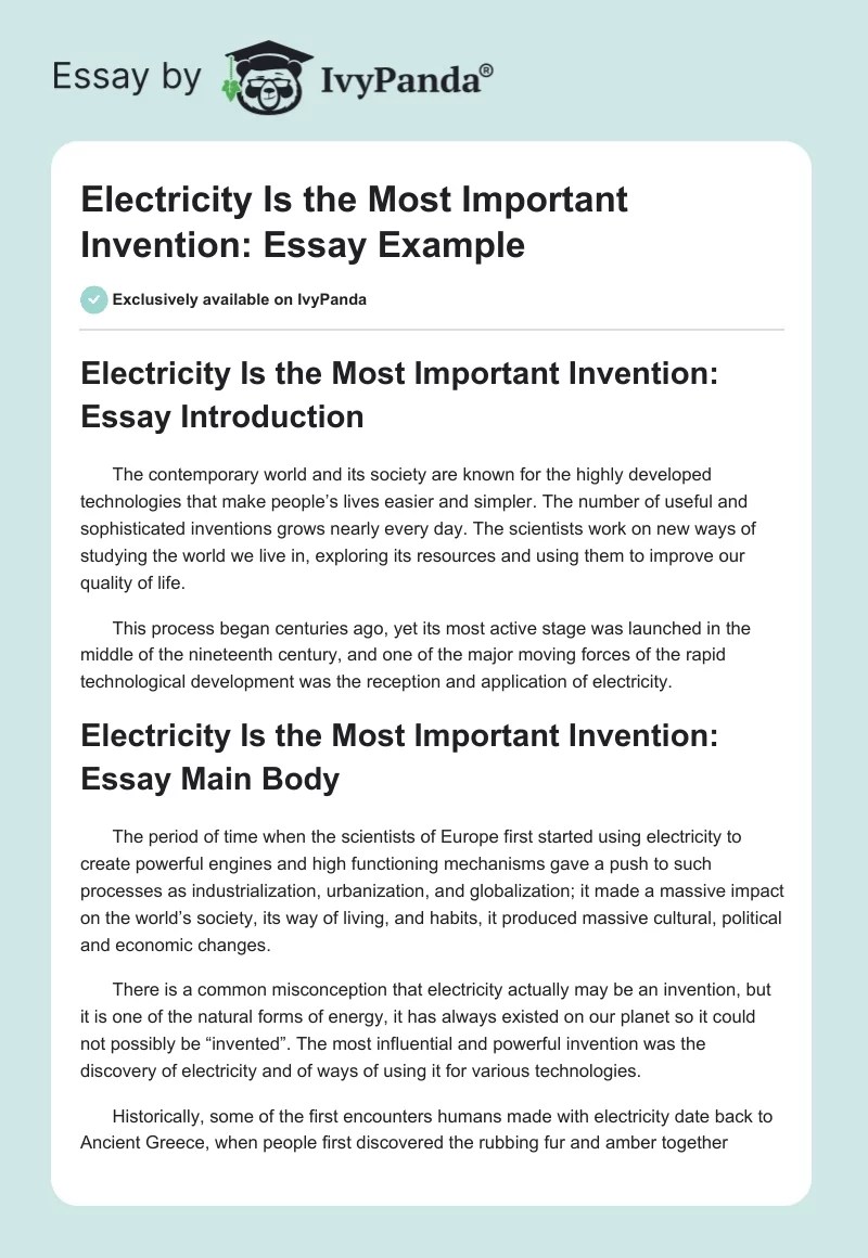 Electricity Is the Most Important Invention Essay Example