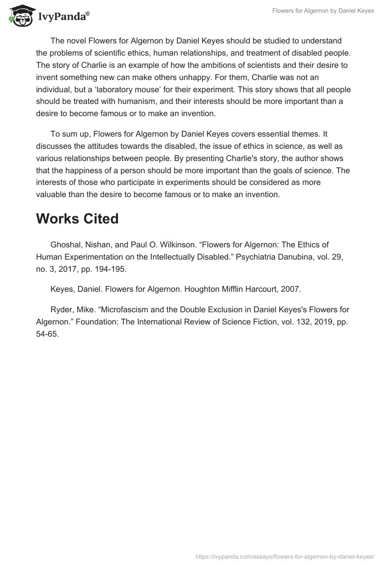 Flowers for Algernon by Daniel Keyes 1085 Words Essay Example