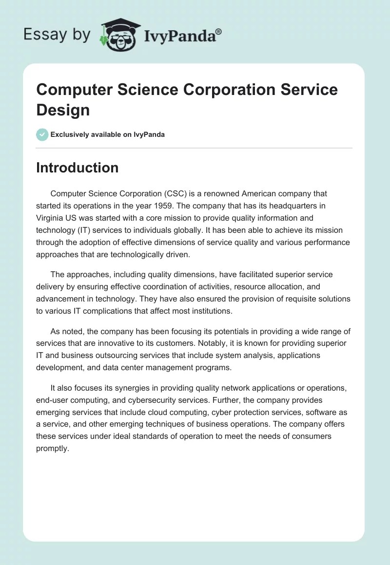 Computer Science Corporation Service Design 1133 Words Assessment