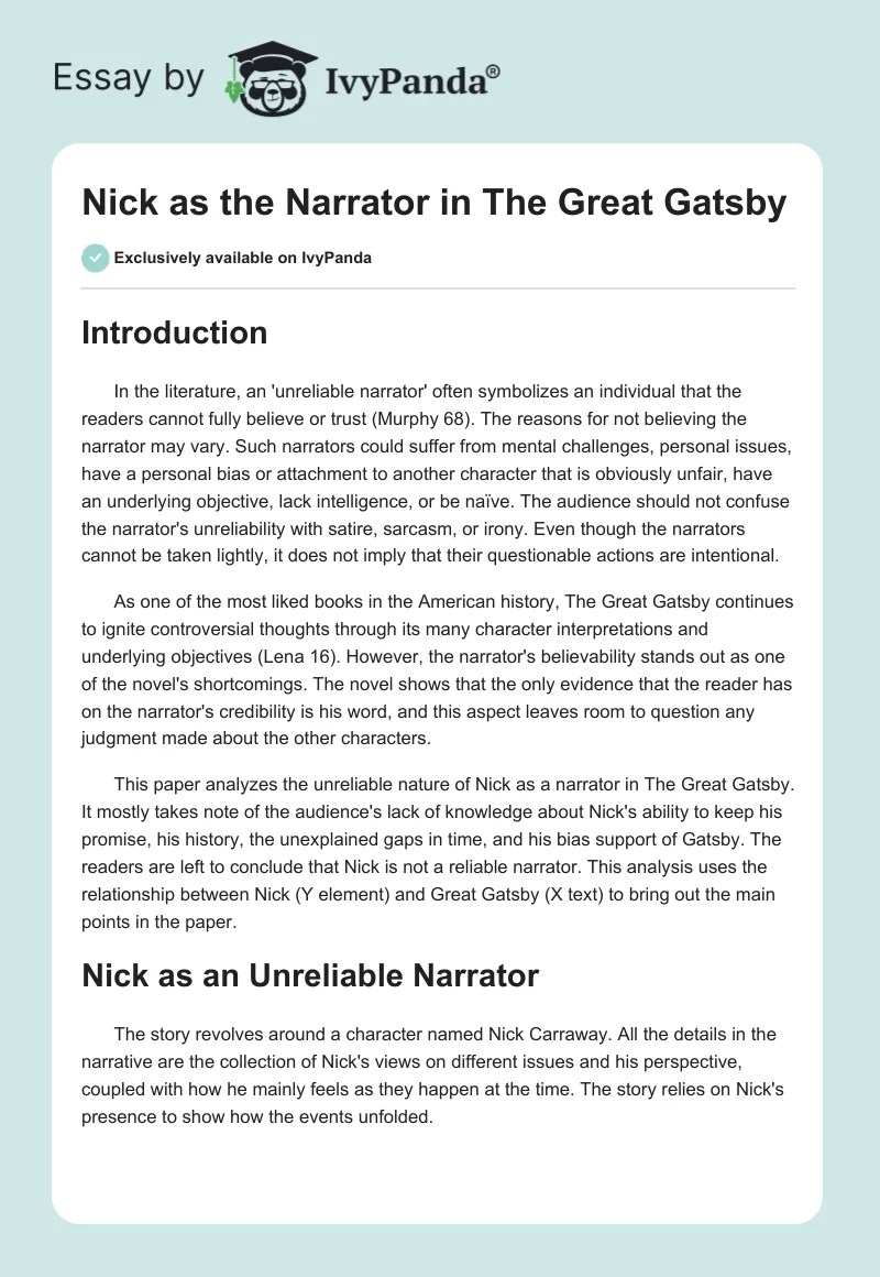 Nick as the Narrator in The Great Gatsby Words 2458 Essay Example
