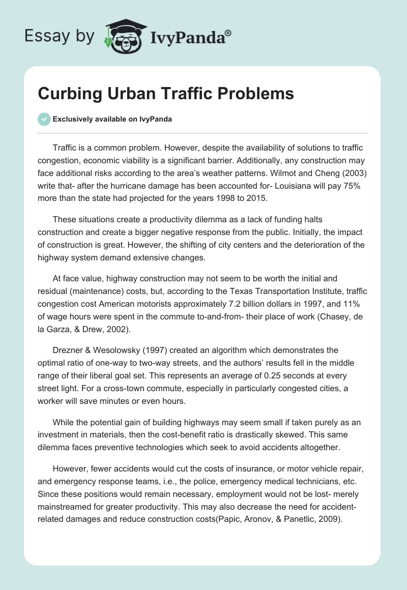 Curbing Urban Traffic Problems 526 Words Essay Example