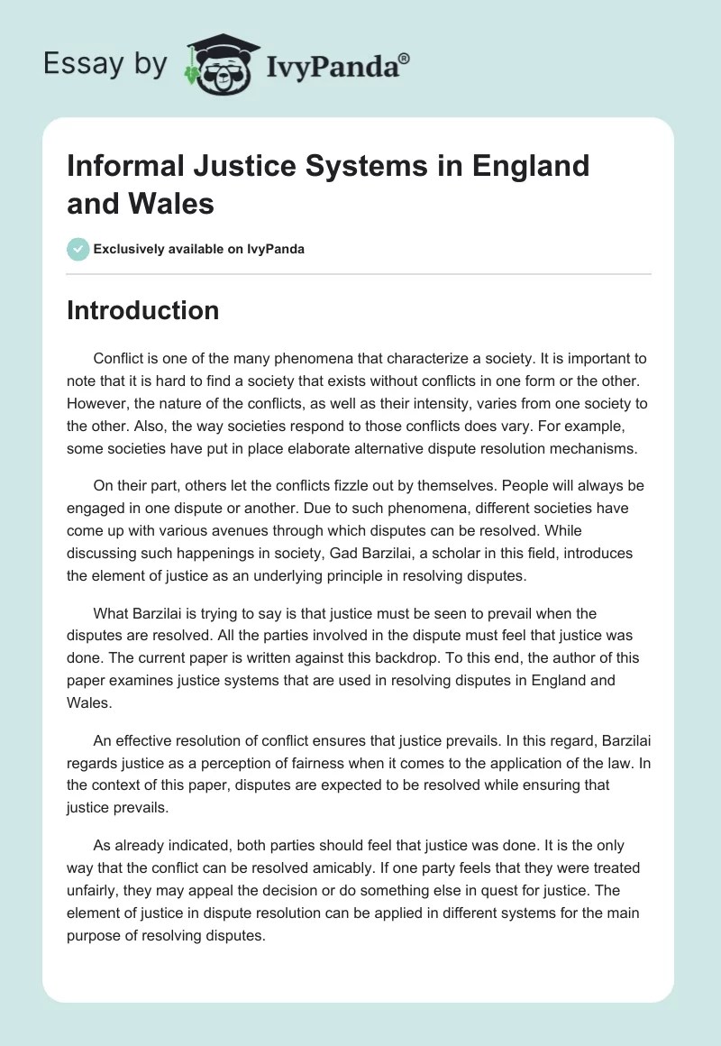 Informal Justice Systems in England and Wales 3868 Words Essay Example