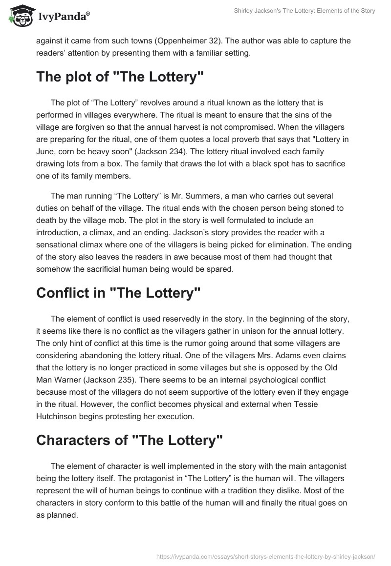 Shirley Jackson's "The Lottery" Elements of the Story Essay Example