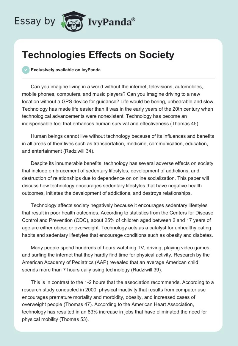 Technologies Effects on Society 932 Words Essay Example
