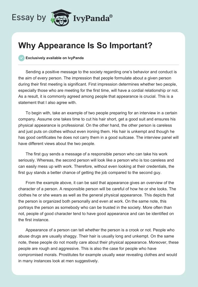 Why Appearance Is So Important? 559 Words Essay Example