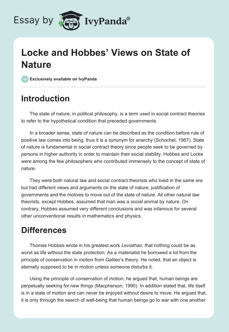 Locke and Hobbes' Views on State of Nature 1378 Words Essay Example