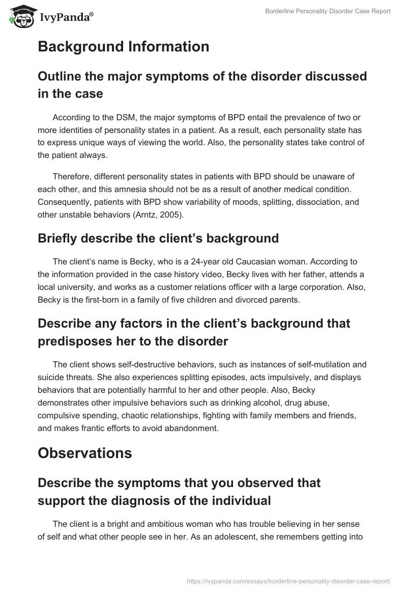 Borderline Personality Disorder Case Report 1474 Words Essay Example