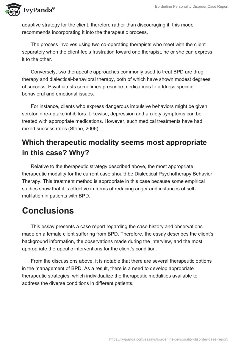 Borderline Personality Disorder Case Report 1474 Words Essay Example