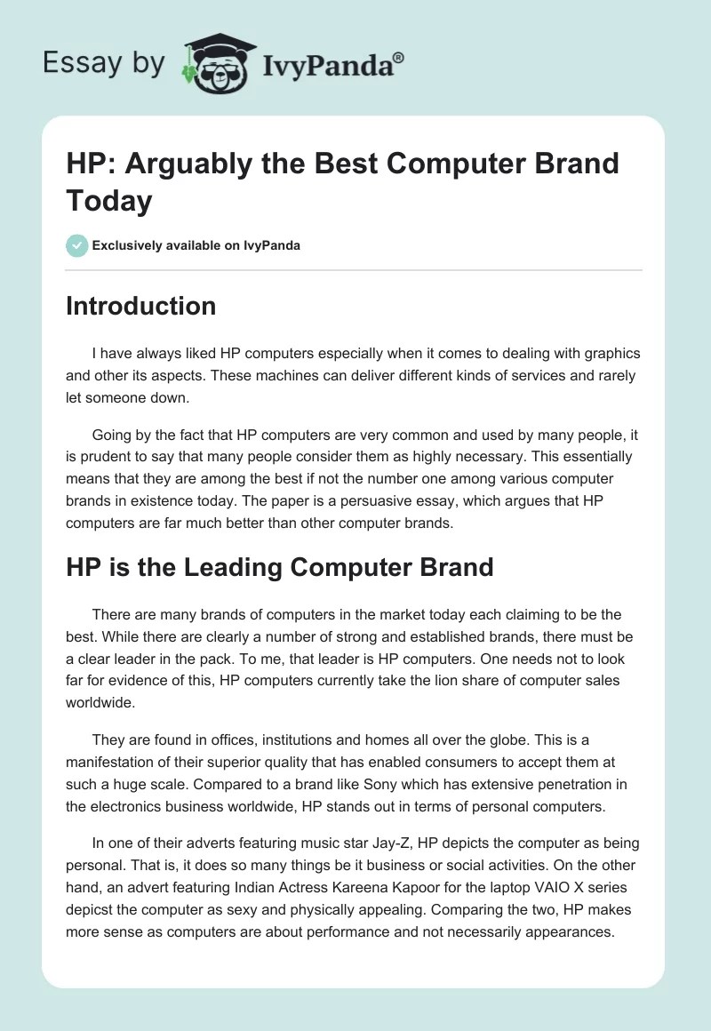 HP Arguably the Best Computer Brand Today 622 Words Essay Example