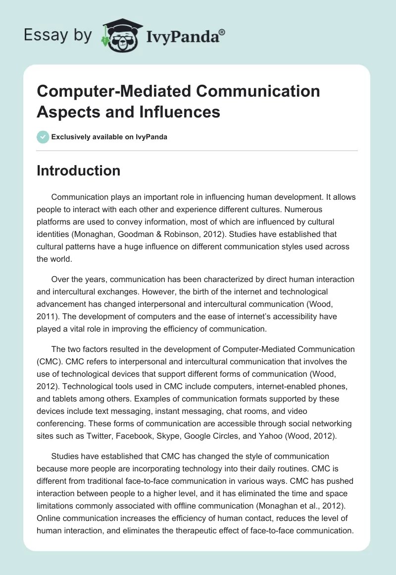 ComputerMediated Communication Aspects and Influences 2470 Words Essay Example