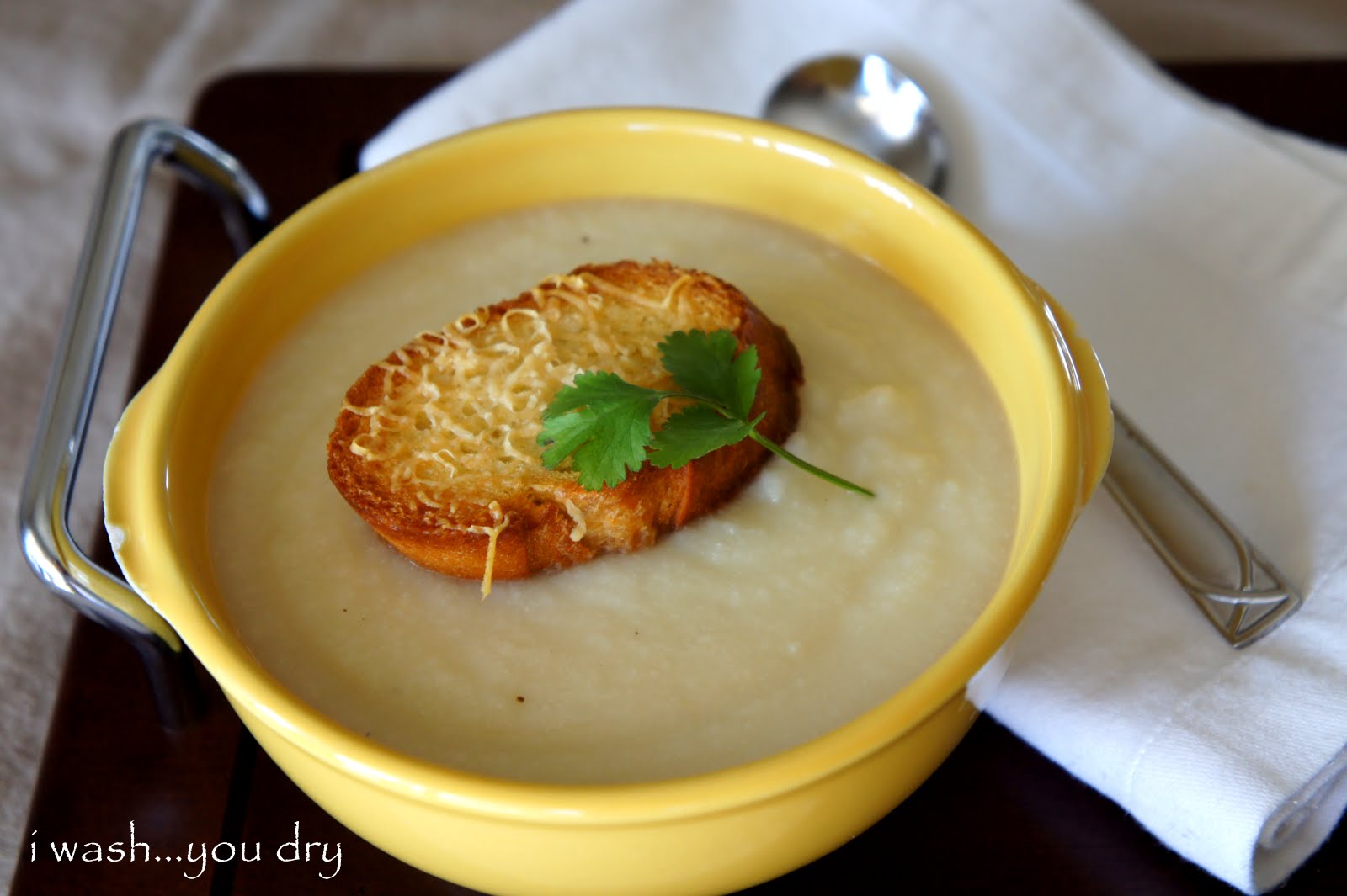 Creamy Cauliflower Soup with Asiago Croutons I Wash You Dry
