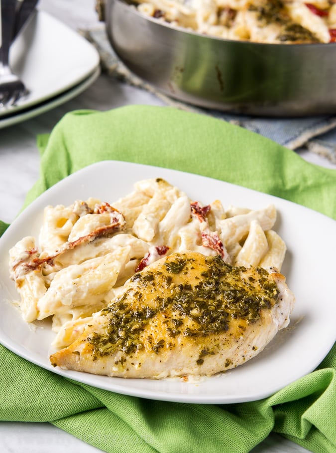 Basil Pesto Chicken with Alfredo Penne and Sun Dried Tomatoes