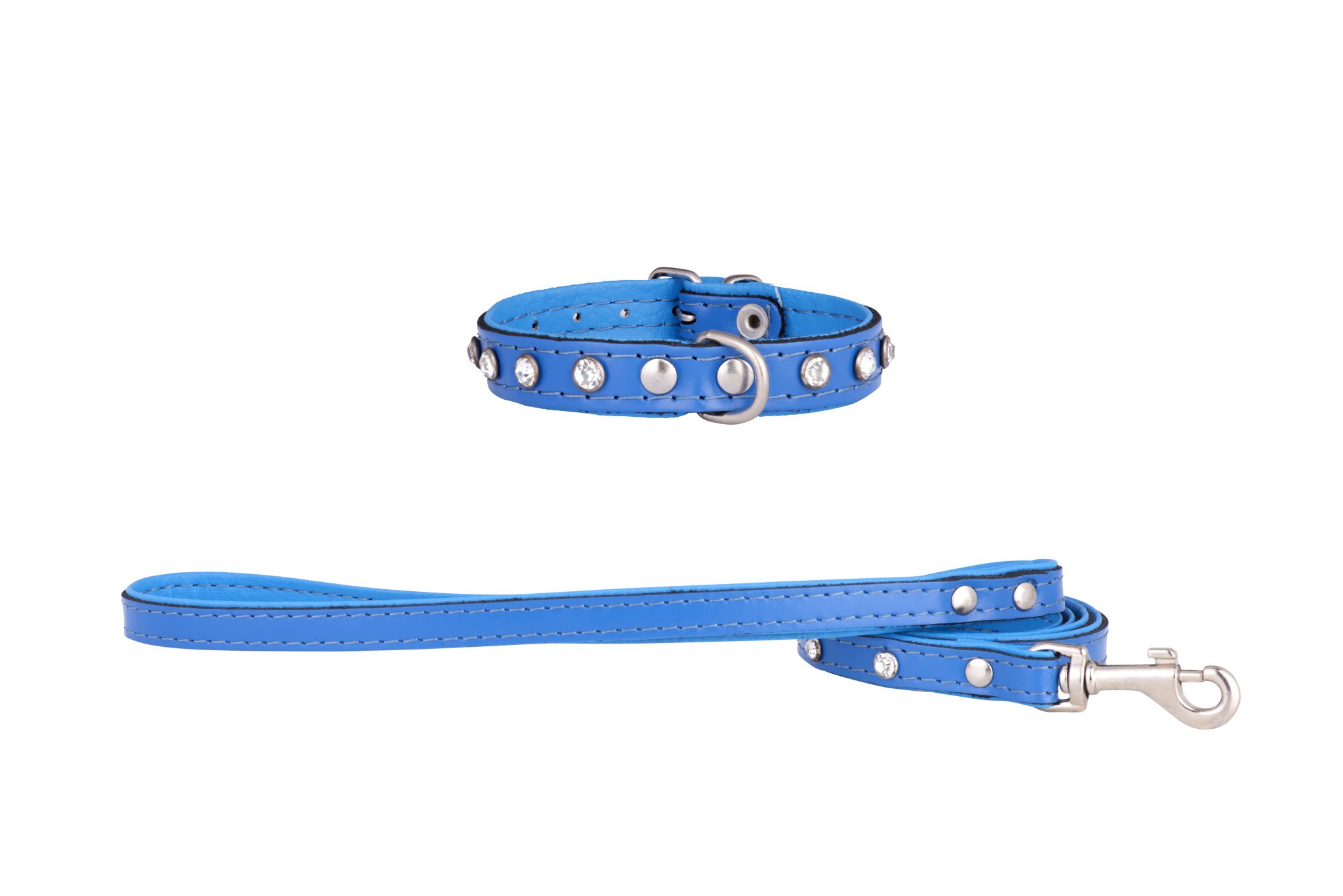 Mini designer leather dog collar and lead in Blue by in