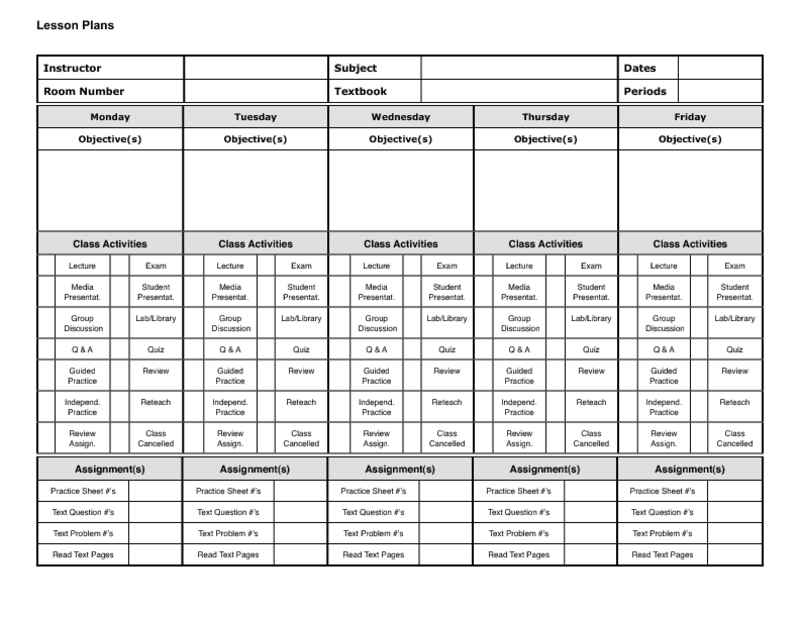5Day Lesson Planner in Landscape Orientation •
