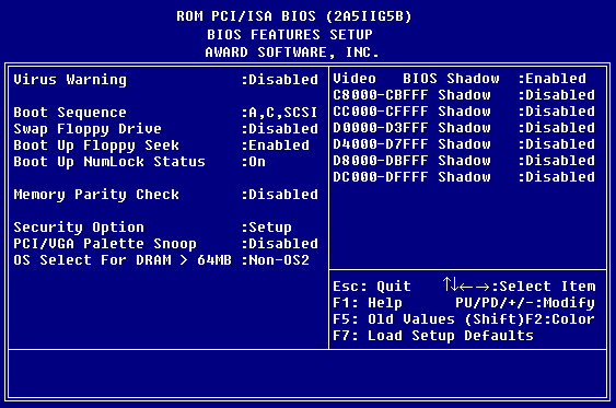 930/950 BIOS Features Setup