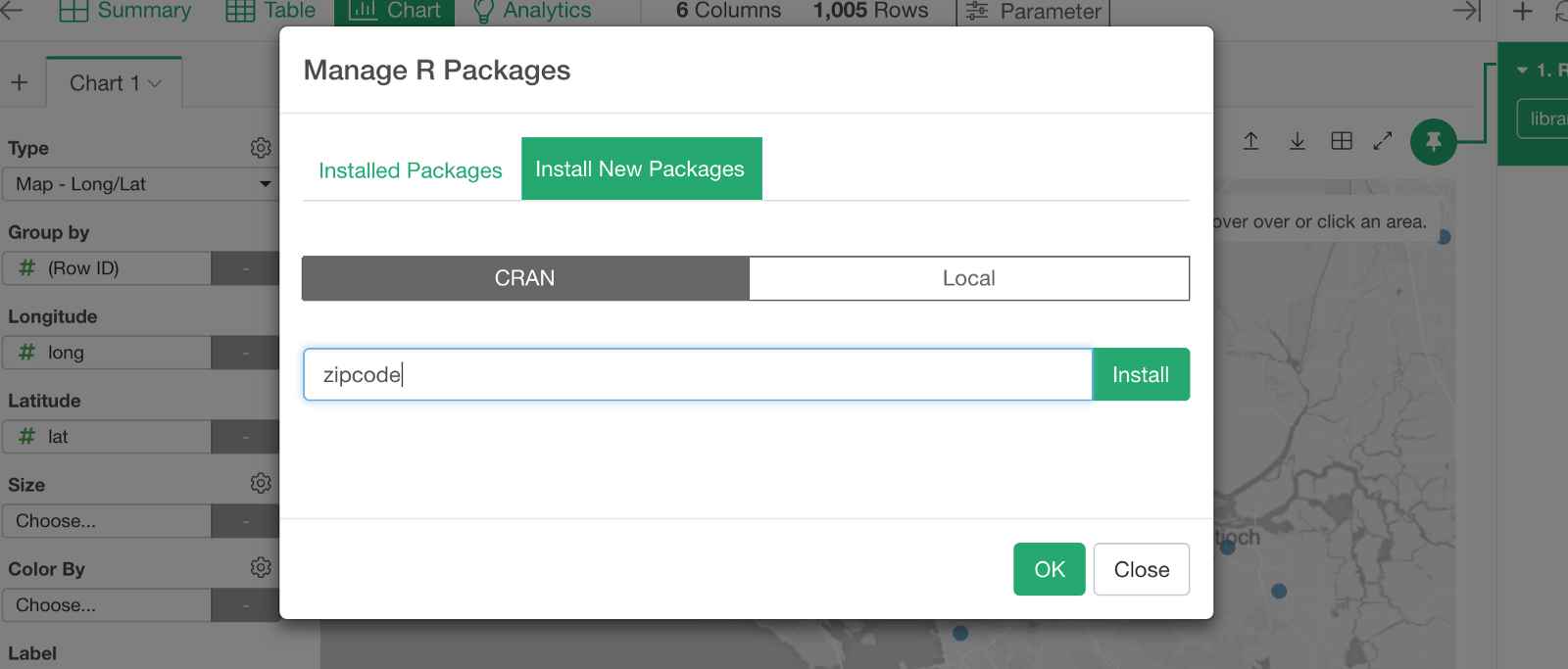 Make sure that ‘zipcode’ package is installed and showing up under