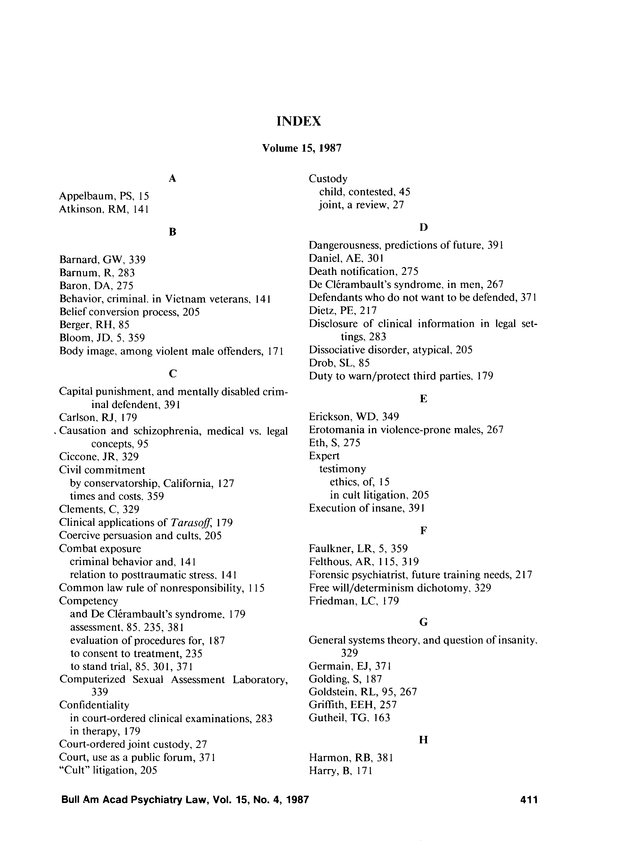 Index Journal of the American Academy of Psychiatry and the Law