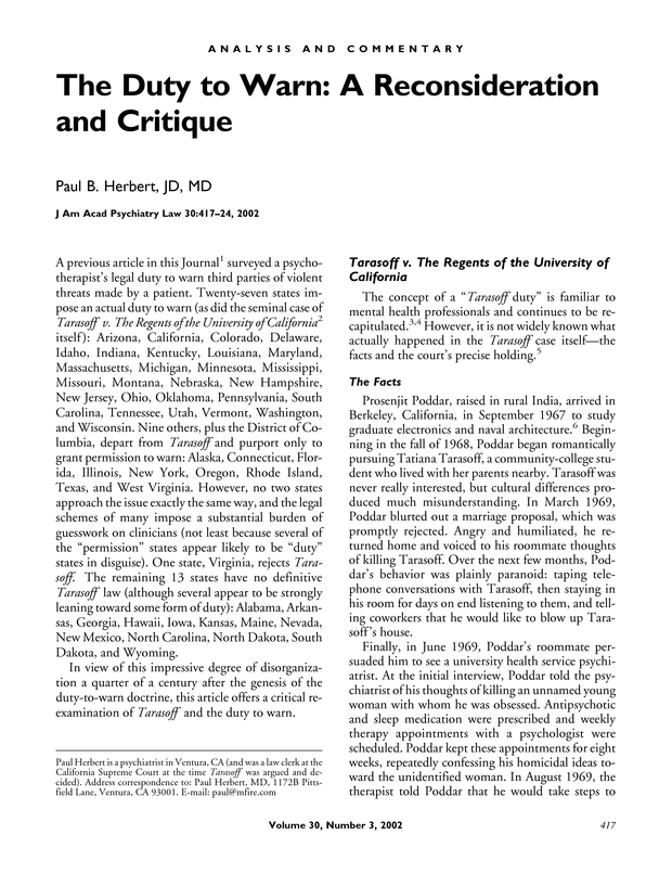 The duty to warn a reconsideration and critique Journal of the American Academy of Psychiatry