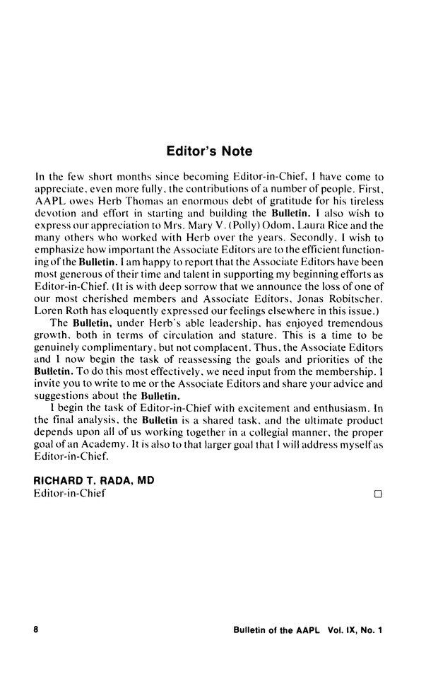 Editor's Note Journal of the American Academy of Psychiatry and the Law