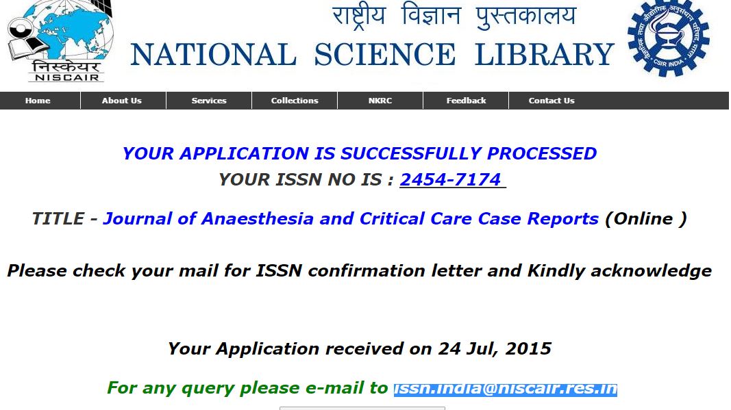 Indexing of Journal of Anaesthesia and Critical Care Case Reports
