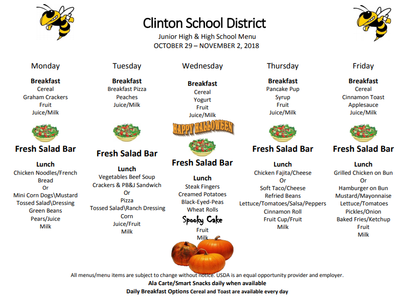 High School and Jr. High Lunch Menu Oct 29Nov 2 The Jacket Journal