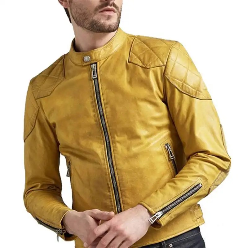 Mens Yellow Quilted Shoulder Leather Jacket Jacketpop