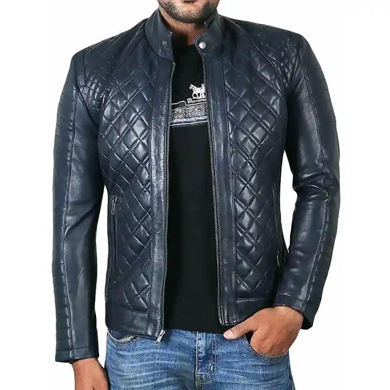 Mens Navy Blue Quilted Leather Jacket Jacketpop