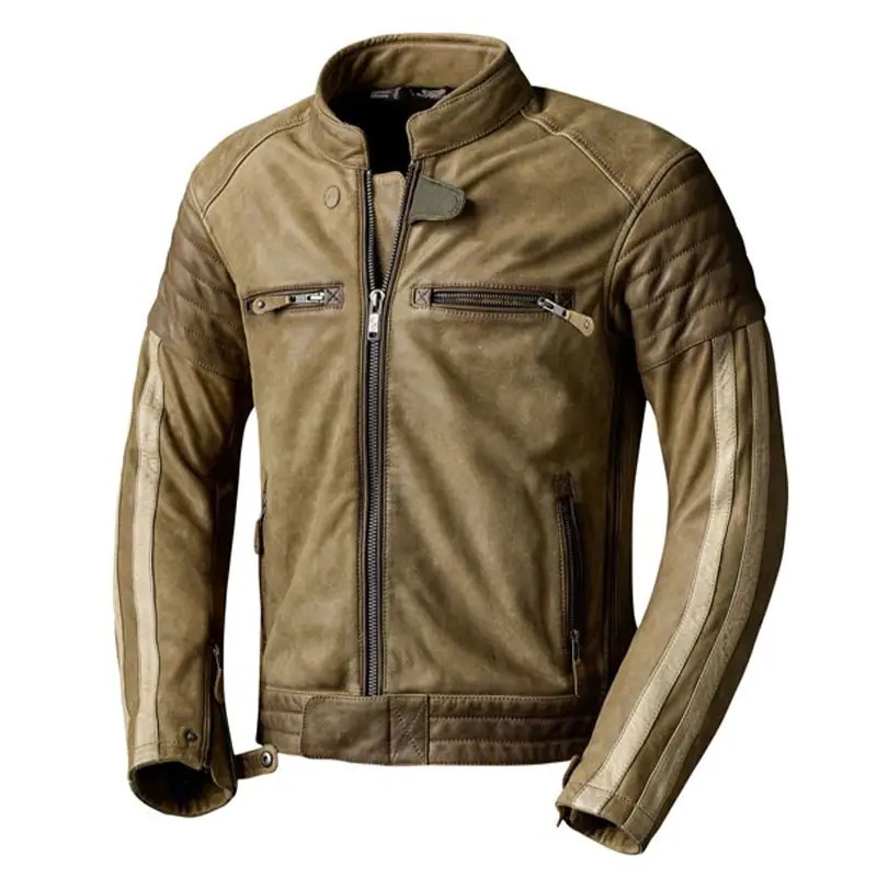 Mens Khaki White Striped Leather Jacket Jacketpop