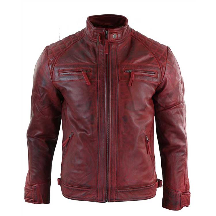MEN DISTRESSED MAROON LEATHER JACKET JACKET WORLD