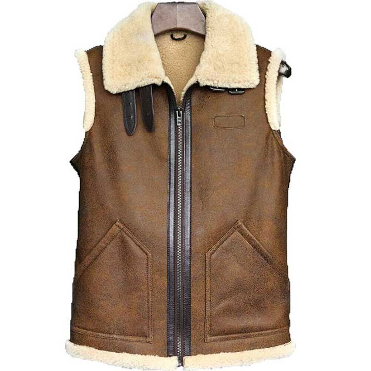 BROWN FUR COLLARED LEATHER VEST JACKET WORLD