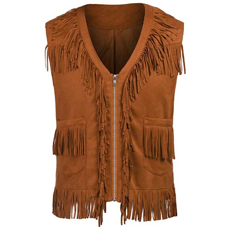 COWBOY BROWN FRINGES LEATHER VEST JACKET WORLD
