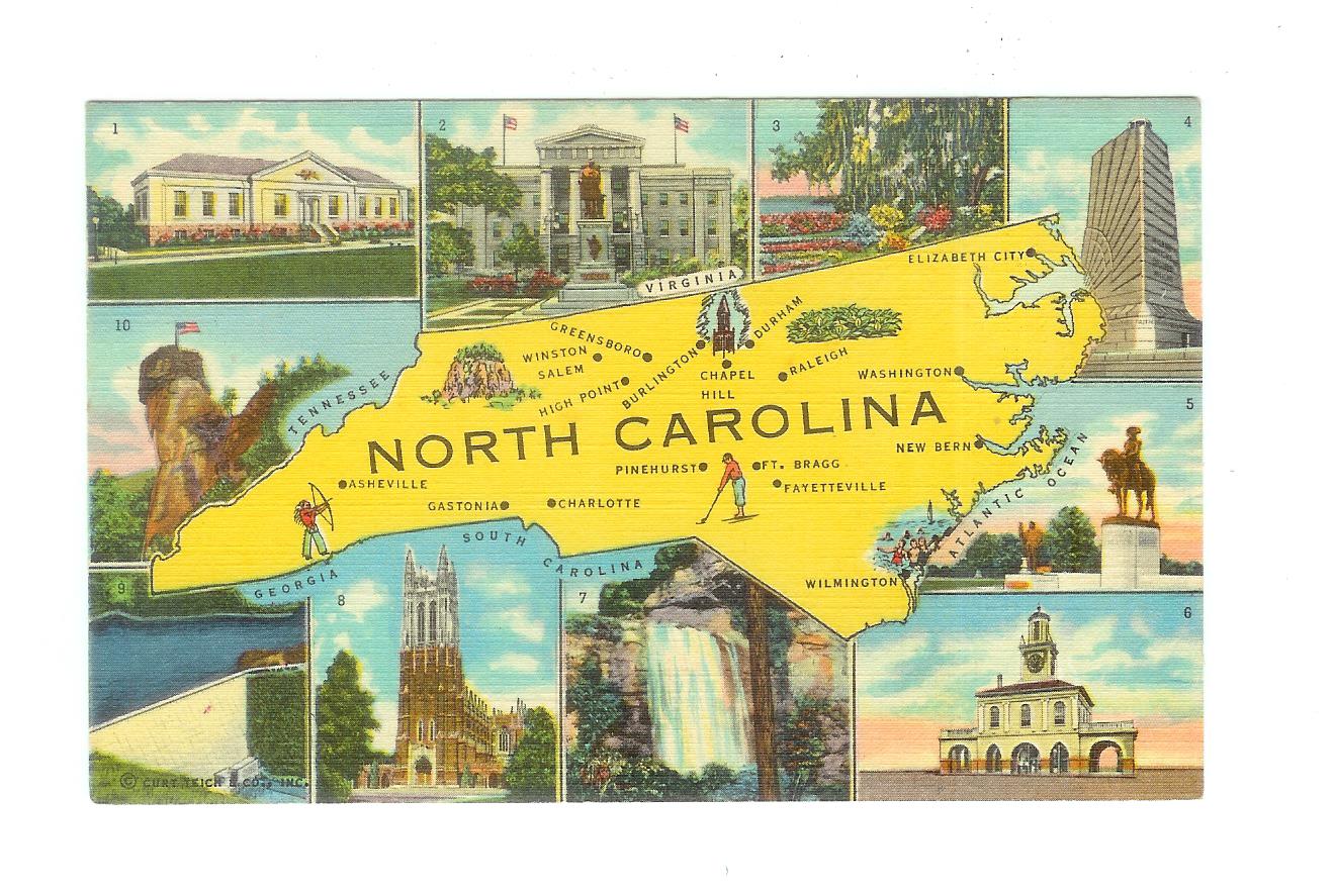 Linen postcard. North Carolina Map. Jackie's Vintage Postcards