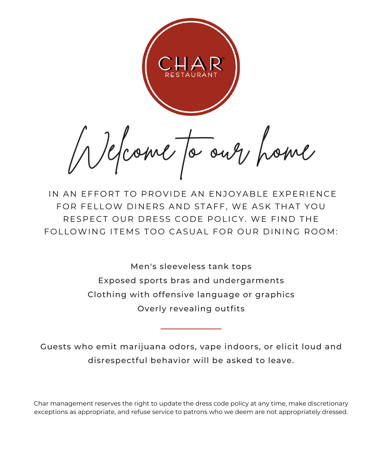 Dress Code Policy Char Restaurant