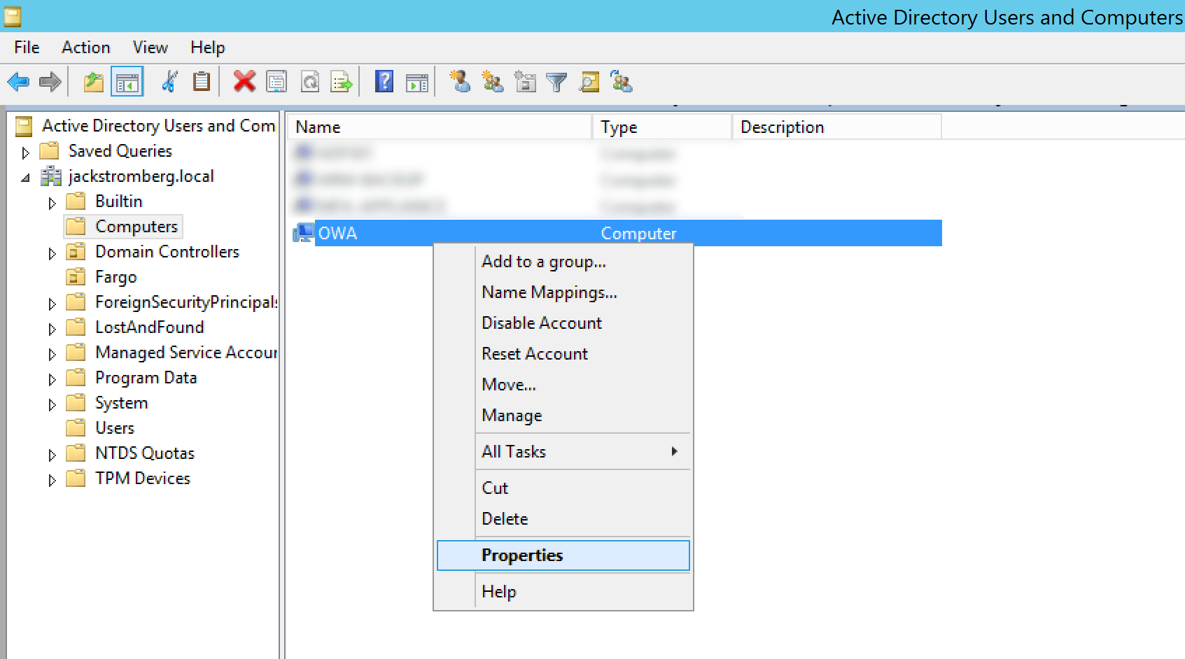 Active Directory Users and Computers Computers OWA Properties